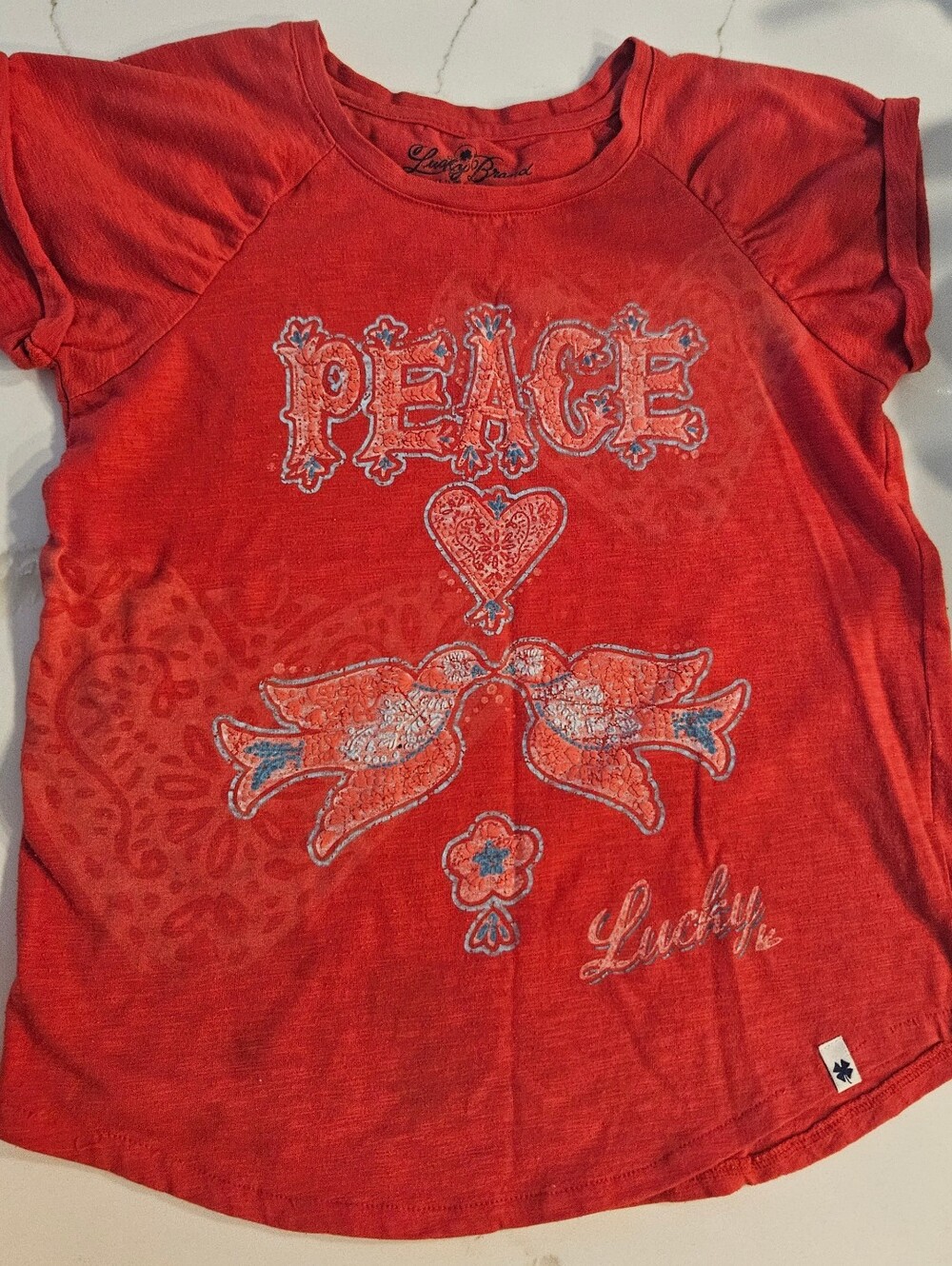 Lucky Brand Red Graphic 'Peace' Tee with Dove Illustration